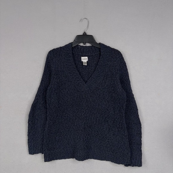 Chico's Sweaters - Chicos Sweater Womens 2 Large Blue V Neck Boucle Metallic Knit Pullover Textured
